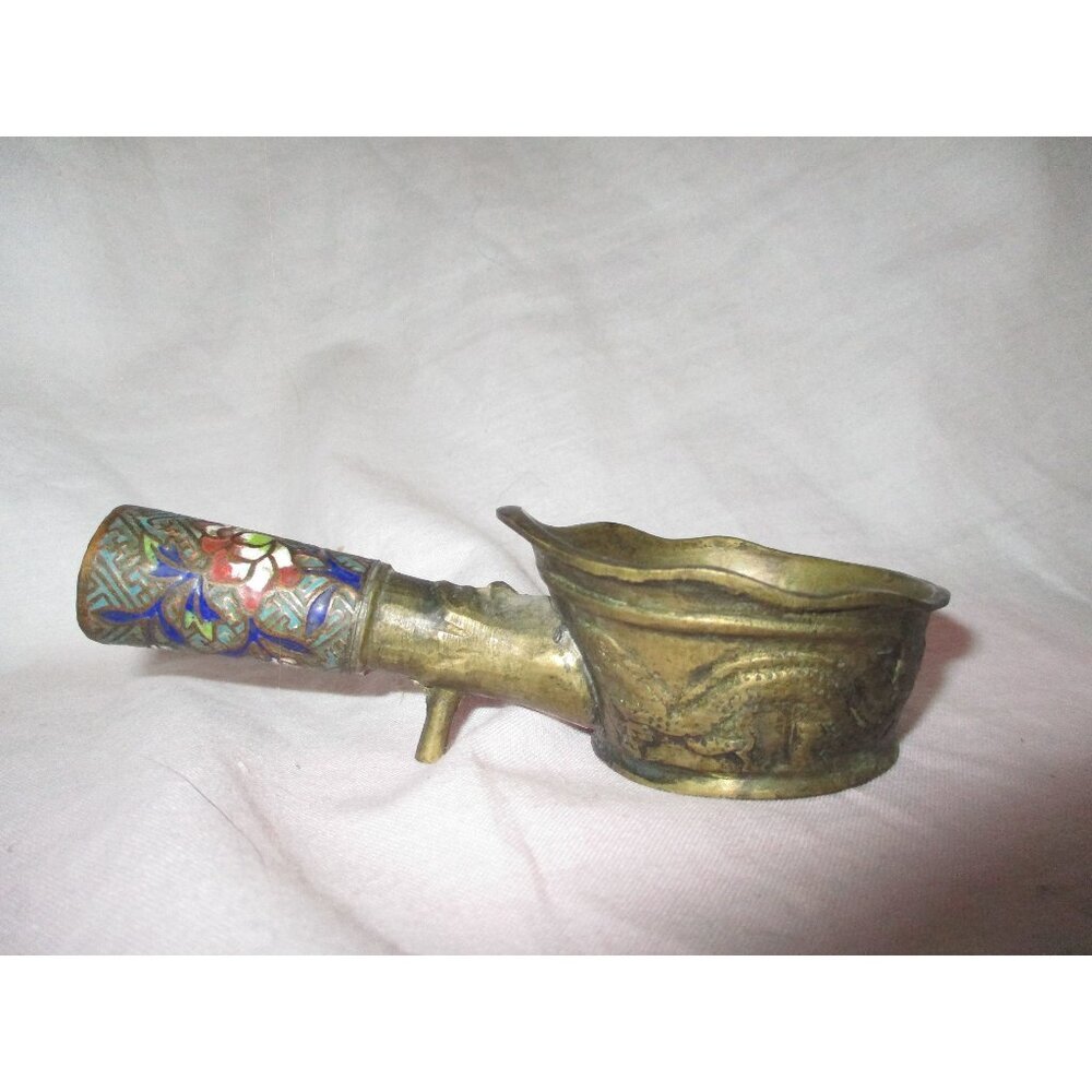 Brass Silk Iron Coal Pan Enamel Handle Dragon Design Antique‎ Chinese inlay